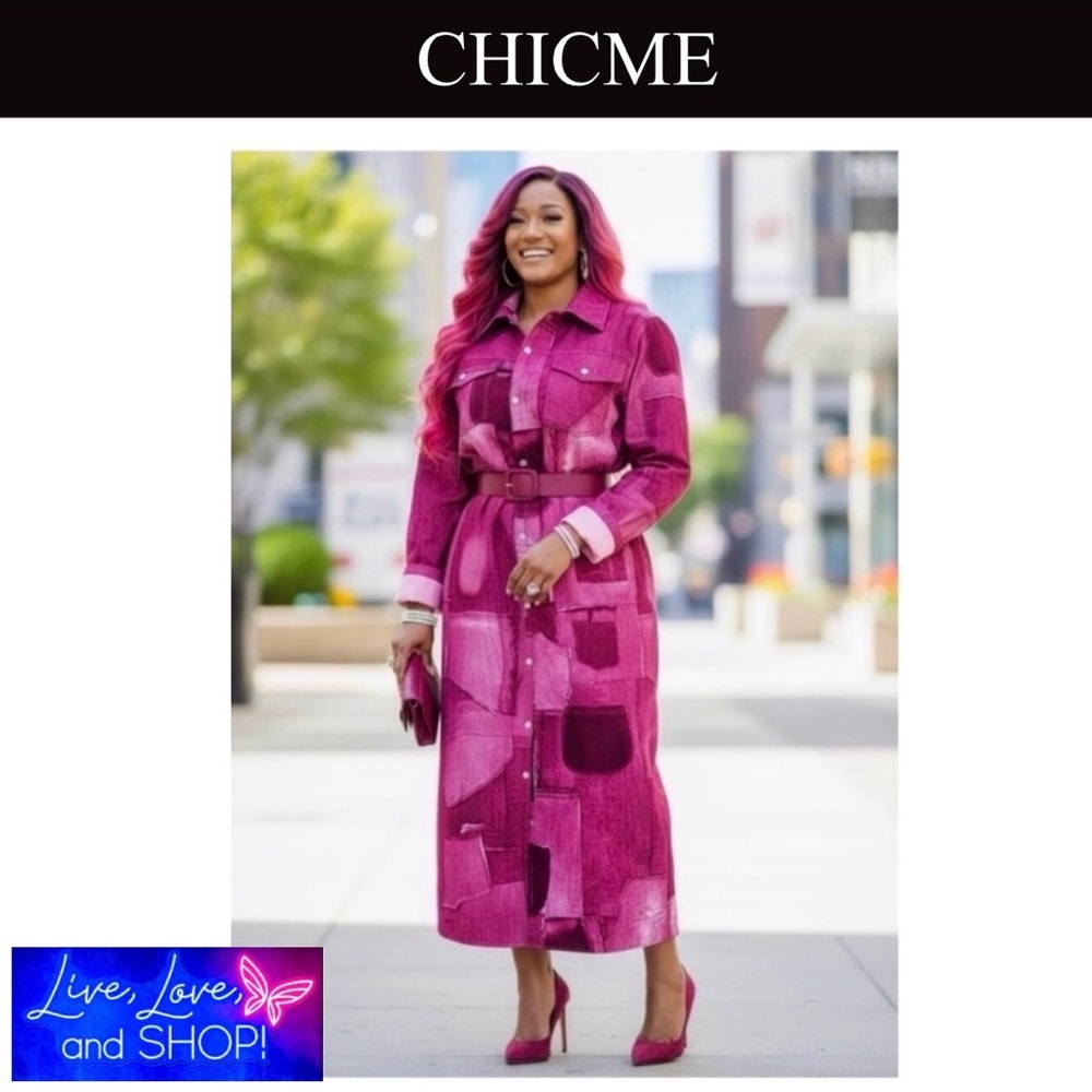 CHICME Hot Pink Denim-Style Patch Print, Longline Button-Down Coat/Dress, EUC